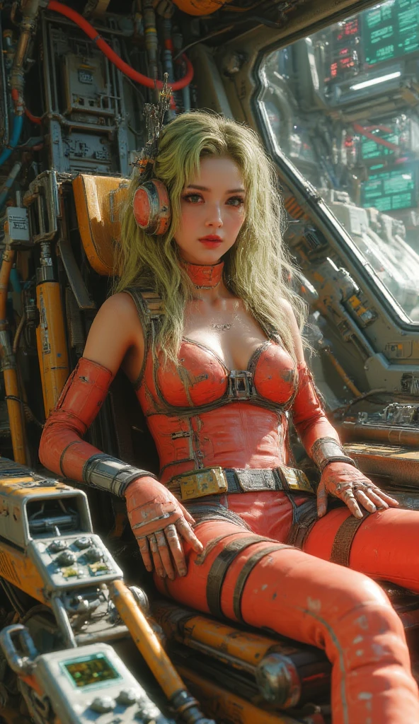 Simpatic German woman (orange jacket:1.3), a bra, grey hair, zippers, (open zipper:1.1), (orange pents), (erotic:1.2), (sexy:1.3), (spaceship:1.5), small command room, neon lights, smal neon spot lights, best quality, raw, masterpiece, super fine photo, best quality, super high resolution, photorealistic realism, sunlight, full-body portrait, dynamic pose, delicate face, vibrant eyes, , abandoned spaceship, detailed face, stars background, gorgeous, highly detailed skin, realistic skin details, visible pores, sharp focus, volumetric fog, 8k uhd, DSLR camera, high quality, photo realism, seen from below, translucent, voluptuous, sensual, lascivious, submissive, dominant, (sexual:1.3), sexy, romantic, high quality, film grain, Cinematic Light, sidelighting, Lens Flare, Ray tracing, detailed face, detailed complex stars background, realistic skin details, visible pores, sharp focus, volumetric fog, 8k uhd, DSLR camera, overexposed light