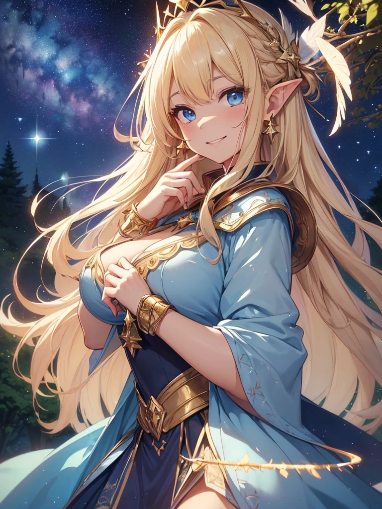 top-quality、Top image quality、​masterpiece、Super beautiful elf beauty((24 year old、Best Bust、big bast、Bust 90,beautiful blue long ironed hair、a blond、globe、A sexy、A slender、a closeup、Esbian、beautiful tiara、hiquality、Beautiful Art、Background with((starrysky)))masutepiece、visualart、depth of fields、low angle of morning sky、、Elven ears、、light magic、Space Knight、harp melody🎵、Happy smile、Gentle light、、Beautiful legs that are gentle on the skin、、、Number of fingers to achieve precise finger movements、ticker beautiful decoration underwear、elegent、Mystical　Rosa、　field under the flower garden、Marble pillars, beautiful dressy、grandな大理石のドーム、巨大なglobe、religious painting、Embracing the Earth、temple of time、grand