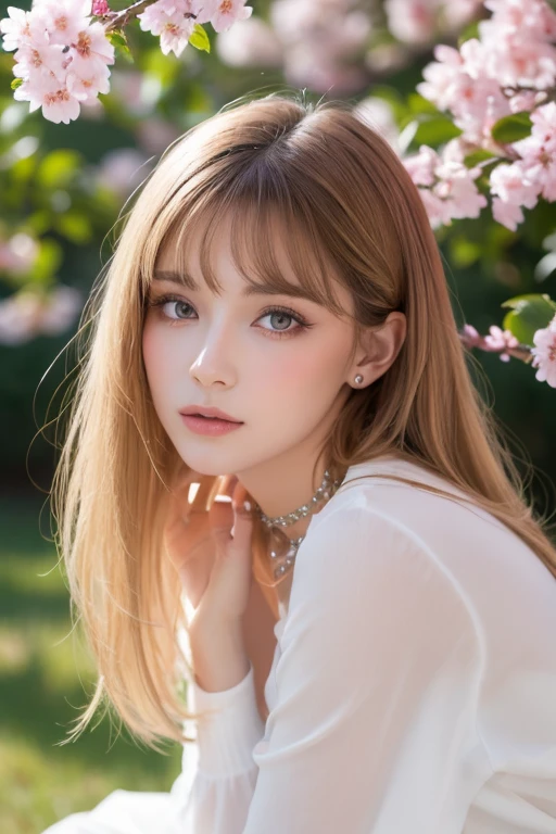 Realistic, masterpiece, highest quality, Highest Resolution, Soft Light, Professional Lighting, Backlight, Film Grain, The background is blurred, Japanese , 16 years old, Upper body photo, Looks sleepy, inattention, Grinning, Open your mouth, Beautiful and detailed eye drawing, (Droopy eyes:1.3), Dark Eyes, Thin eyebrows, Draw eyelashes carefully, Eyelash extensions, Gal Makeup, Orange Cheek,  (White brown wavy hair, Long Hair, Hair tied back, middle part:1.3), (Hidden eyelid wrinkles:1.3), (Gothic uniform:1.2), (The subject was photographed from above at an angle, The model is turned to the side:1.3), (Flower Field:1.3), (Face close-up:1.5)
