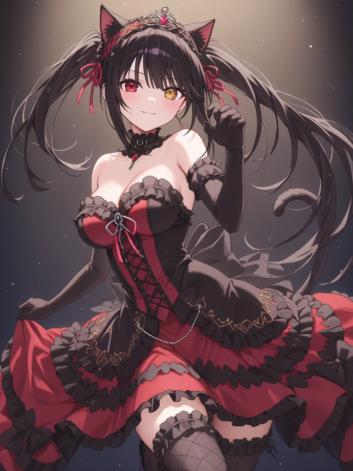 (masterpiece), night, Dark room, (crazy, crazy eyes, crazy smile, Yandere:1.2),( 1 female,) Long hair, Mature and elegant,(Adult women,Around 25 years old),((裙子上有很多Blood)), Eyes without light, Blood, blush,Morbid expression,((Yandere)),Royal sister,((The queen's aura)),There are wounds on the hands,crazy笑容