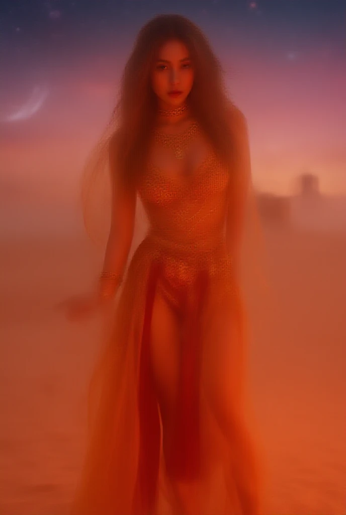 Naked woman dynamic pose, in transparent gold metal jewelry on whole body, by Dan Piraro, nude, long black hairs, (but extremely beautiful:1.4), large breasts, slim figure, wide hips, (intricate details, masterpiece, best quality:1.4) , in the style of nicola samori, silhouette contrast, Retro-futuristism, vintage sci fi, 50s and 60s style, atomic age, vibrant, highly detailed, retro futurism, dynamic pose, looking at viewer, futuristic steampunk background 