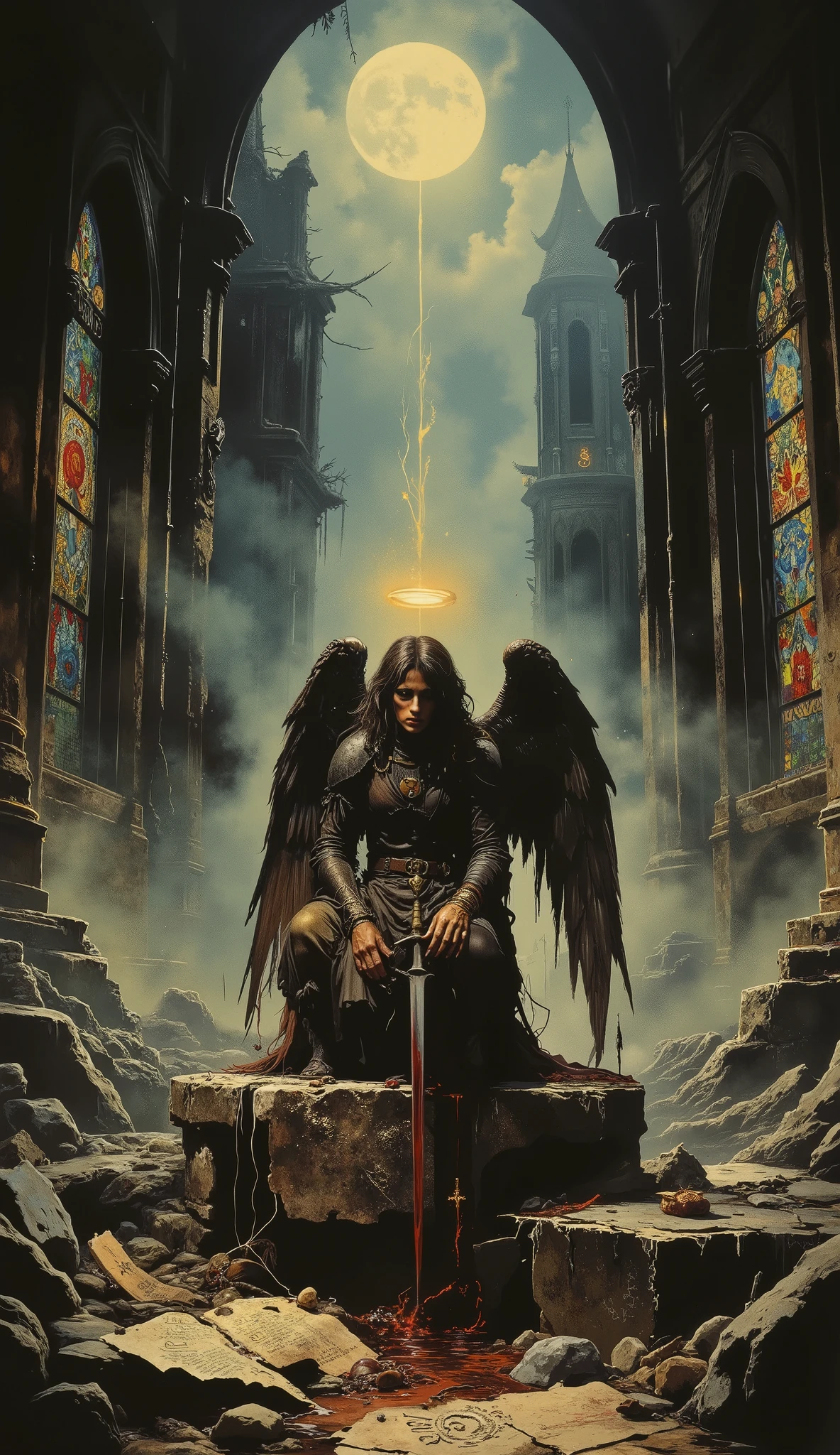 Dark fantasy wallpaper of a fallen angel kneeling in the ruins of a cathedral, shattered stained glass all around. Her wings are broken and darkened, feathers scorched and bleeding light. Her once-glowing halo flickers, cracked and unstable. She clutches a golden blade buried in the stone floor, her face weary but defiant. Moonlight beams down through the broken roof, illuminating ancient symbols etched into the ground.