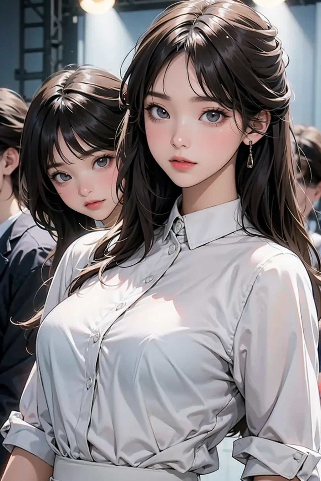 (white blouse see-through Pink bra:1.1), My pink bra can be seen through my thin blouse,
(Best Quality, 8k, 32k, Masterpiece, UHD: 1.2), Japan Beauties, Big, Very Short Bob Hair, Upper Body, Face Focus, blouse, crowded tokyo yamanote lines
, Watch Viewers