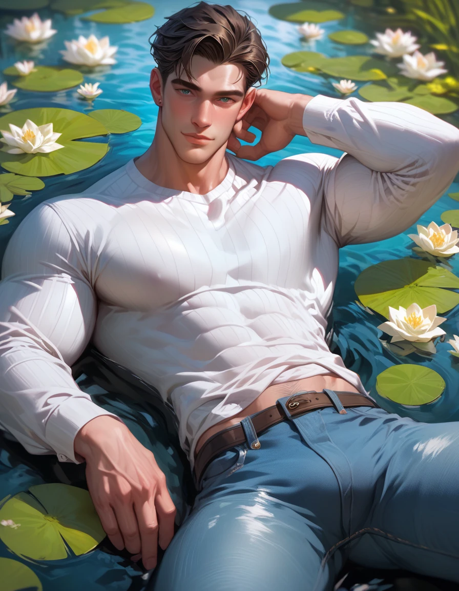 (nonsense, High resolution, very detailed, HDR), Masterpiece, best quality, A drawing of a boy, handsome man with red eyes, detailed face, professional photos, An Arav man enters the fight shirtless., Sleep well.，legs open, (Swollen nipples(from below:1.1)), Focus on your audience,18 year old boy, handsome man, [ well defined body ]，open light blue shirt，abdomen，chest muscleermaid，Big bulge，Lying on the coral reef at the bottom of the sea，coral reef，moustacheปลาหมึกสัมผัสพันกันทั่วตัว，Aquaman Trident，Alienปลาหมึกใช้moustacheหลายอัน((shaped like a penis,cock,penis))wrapped around a young man,ใช้moustacheรูปองคชาตหลายอันจับแขนและขาของผู้ชายไว้,Alien,appendage,moustache,Giant earthworm