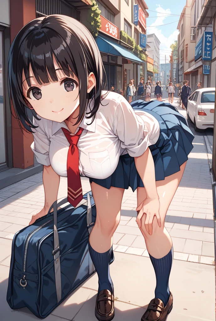 (((masterpiece, highest quality, High resolution, 超High resolution, Perfect Pixel, Depth of written boundary, 4K, RTTX 10.0))), Beautiful Anime Woman, Beautiful art style, Anime characters, ((Smooth texture, Realistic texture, Anime CG Style)), Exact finger count、Exact number of legs、(Exact number of arms:1.0, Exact number of hands:1.0), (Perfect hands, Perfect Anatomy), Cinematic, Realistic, Extremely detailed CG, Daytime lighting, Perfect lighting, Best Shadow, The best natural light, whole body, Perfect body, (Slender body:1.2), ((Long Hair, bangs, Dark brown hair, Bobcut)), (Detailed face, Beautiful Face, Beautiful eyelashes), (One adult woman is walking next to me, flipping up her skirt with her hands.:1.4), (Fashionable white shirt, Sailor collar, Navy blue knee socks, loafers, Navy pleated mini skirt:1.3)、Angle from the front, ((Stylish shiny satin panties, Side-tie panties, Light blue panties, Panties with plain light blue in the center and black lace on the sides:1.3)), (Beautiful and big breasts:1.1), (Beautiful and thin thighs:1.3), Feeling embarrassed, (blush:1.2), (Very embarrassed look, A very patient expression:1.2), (City hustle and bustle, Buildings on the background, Sidewalk, Intersection in the background, Many people dressed in clothes in the background々:1.4)