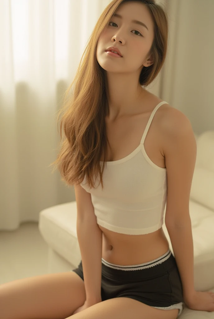 Beautiful young Margaret Qualley, The Last of Us, game, glasses, white shirt, tight shirt, wearing a nice top, large neckline, wearing simple tight clothes, leggings, hyperrealistic, 14 years old, model body, small breasts, beautiful breasts, long hair, layered hairstyle, blonde hair, long legs, 8k, in front of lake, cherry blossom, sunlight, led lighting, blood on wall, pool of blood, full of human remains, detailed reflection , anime style, smiley face