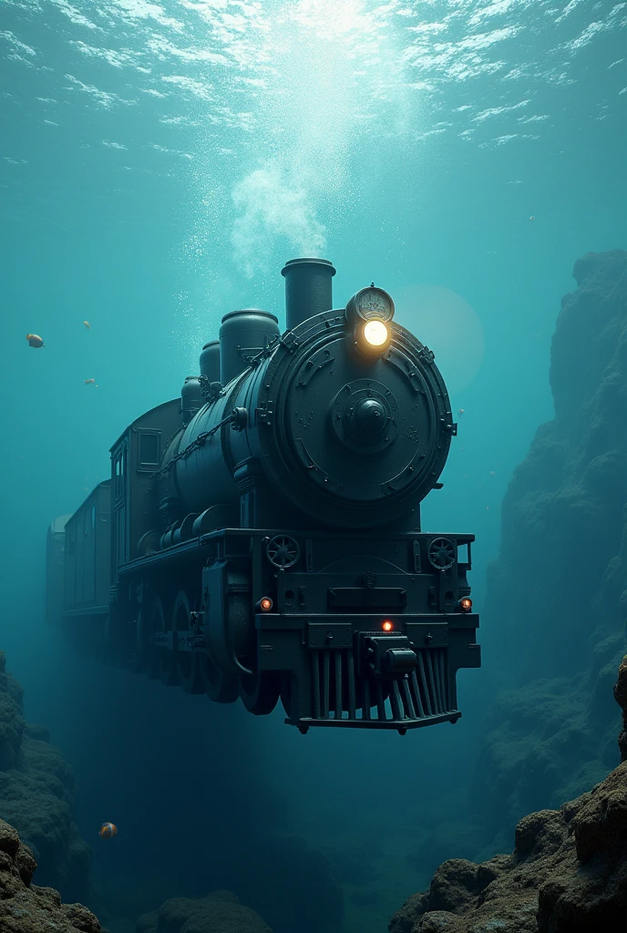 (train,misteryous, train under water, steampunk style, in the ocean, surrealism, masterpiece),train track, night, submerged, bottom of the ocean, fishs, high details, nature, artistic, contrast,shadows, gorgeous, old, cinematic,centralized, high details, BREAK symetric, gorgeous,, perfect, depth, windy, happy, freedom, magicle, impossible, traced lights, corals