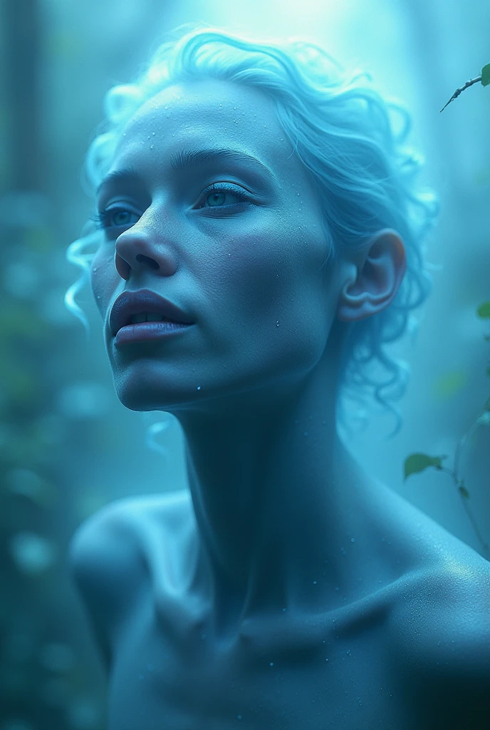a blue-haired woman, green eyes, no clothes, fine features, natural beauty, walking in the forest, sunlight, realistic, cinema quality, high resolution, vibrant colors
