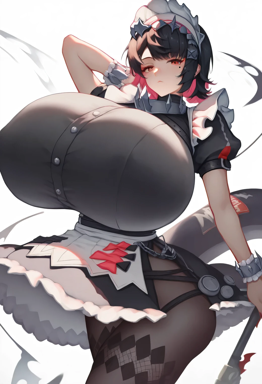 masterpiece:score_9, score_8_up, score_7_up, score_9, BREAK, 1girl,big breasts, solo, looking at viewer, blush, 1girl,ellen_joe,maid_headdress,black_dress,wrist_cuffs,puffy_short_sleeves,mole_under_eye,frilled_dress,black_pantyhose,medium_breasts, breast focus, tall, tall girl, huge breasts, breasts bigger than head, hyper breasts, gigantic breasts, large breasts, thick thighs, wide hips, voluptuous, hourglass figure, sexy pose !!!!, sexy pose !!!!, sexy!!, Dynamic pose!!, posing!!, seductive pose !!!!
