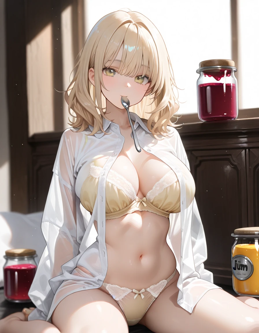 (Naked:1.4), (transparent open shirt:1.3), (Blushing:1.4), Smile, Cowboy Shot, ((One cup)), Full body, Underwear, 4k, no panties