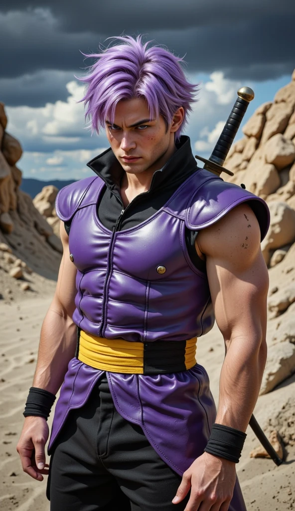 (masterpiece, best quality:1.2), cowboy shot, solo, male focus, 1boy, trunks \(dragon ball\), expressionless, closed mouth, looking at viewer, action pose, purple hair, blue eyes, jacket, shirt, pants, sword, dramatic lighting, high resolution, ultra detail hair, ultra detail face, 8k, movie shot angle and framing, smoke effect to enhance dramatic and suspends,