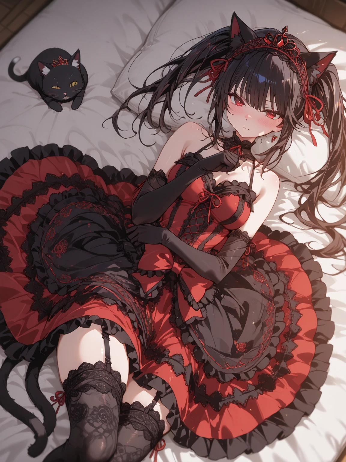 Brunette beautiful girl,curlies,High ponytail,cat ear,Beast Girl,He was dressed in bloodstained clothes, Red and black ta long dress,A knife hidden in clothes,open waist,White stockings stained with blood,without wearing shoes,assassins,Sunny smile,Wine on the side,Bodies are everywhere,dark stormy clouds,the night,dimly lit,抖S,Full body photo,Extremely thin,extremely hyper,assassins,The legs are very thin,Best quality at best,High- sharpness,tmasterpiece,Holding a blood-stained short knife,His body was covered in blood,Sick,Heterochromic pupils,morbid,murderer,Heterochromic pupils,being thin,Be covered in blood,Bodies are strewn across the field,blood vess,Cat demon,Extremely long and very large cat tail,Leprechaun,Cat woman,seductiv,The complexion is flushed,Tilting head movements,Lie on your side in a European medieval noble castle full of black cats,Medieval theme,Sharp cat's claws,Stick out your tongue,With a petite figure,Holding a black cat in his hand,The background is night,Poor milk,Small chest,Extremely thin