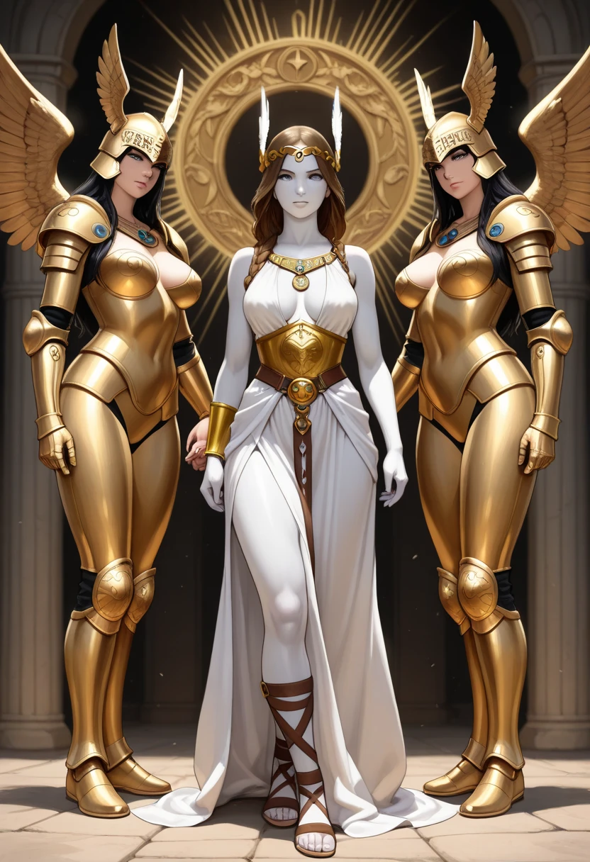 Goddess Themis full body with a scale in her left hand and a sword in her right hand stepping on two books