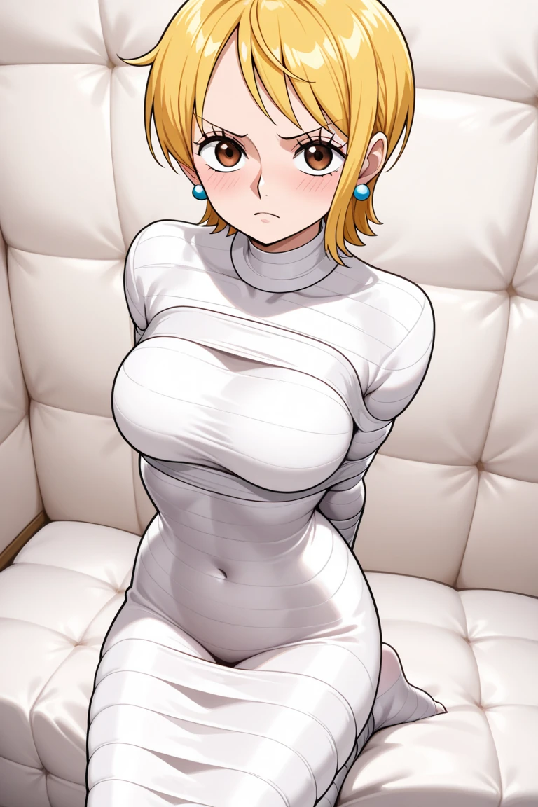 Anime - A style image of a woman in a white bandage kneeling on the sidewalk, thicc, gynoid body, small curvaceous loli, Full body suit, Smooth anime CG art, covered in bandages, 2 b, 2b, neferpitou,mummified in bandages,Bandaged