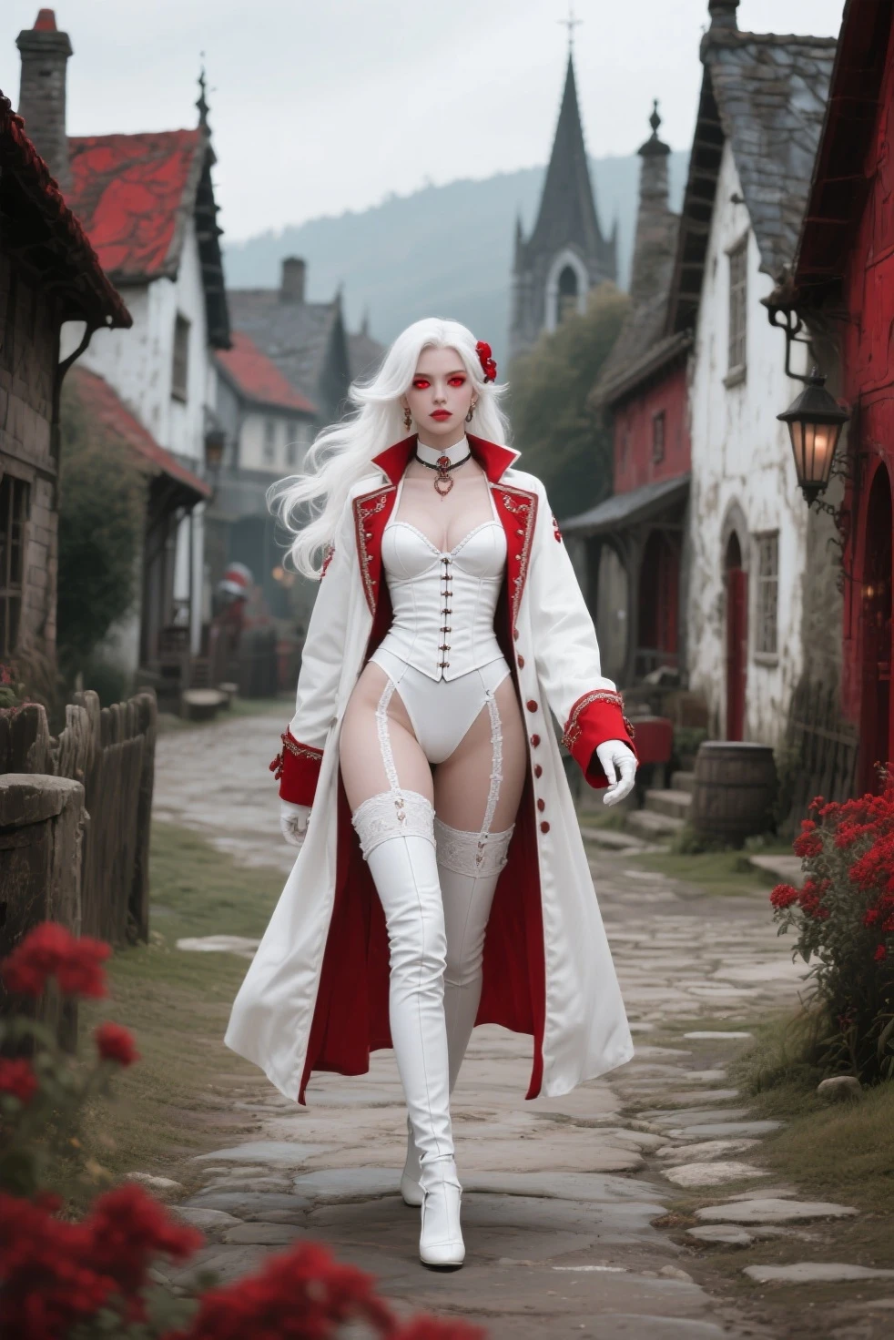 White hair, red eyes, tall figure, D cups, long legs, bare feet, snowy scene, half gloves, red coat