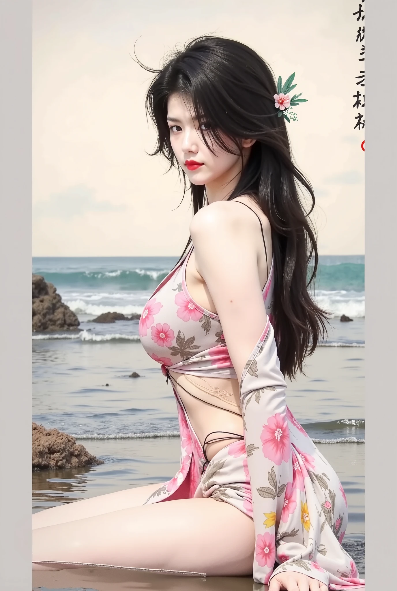 Black hair pink eyes (((((cleavage)))))Hair Flower seaside (((Long eyelashes))),ahoge,(((Long eyelashes))),((Extremely long hair)),(((Flower Tattoo))),((straight_hair)),navel,Extra large breasts