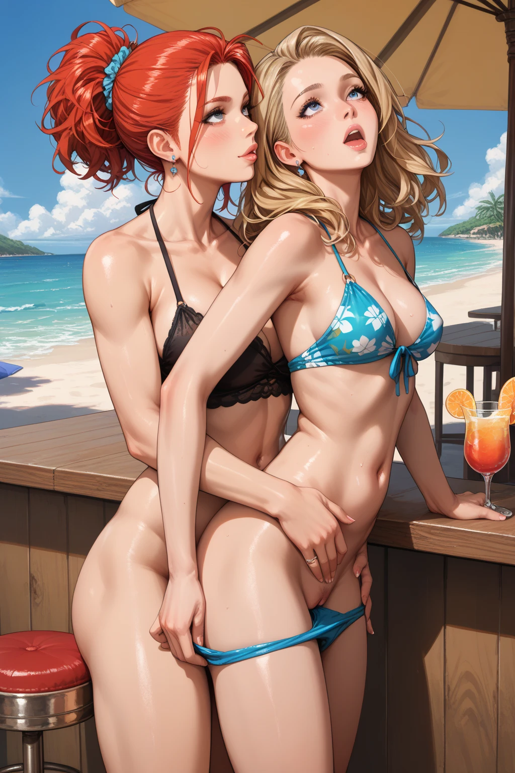 A milf (large breasts, large butt, toned midriff, cute face, short hair, scandalously small swimsuit) Is passed out on a lounge chair drinking a beer while her daughter has a pool party with friends