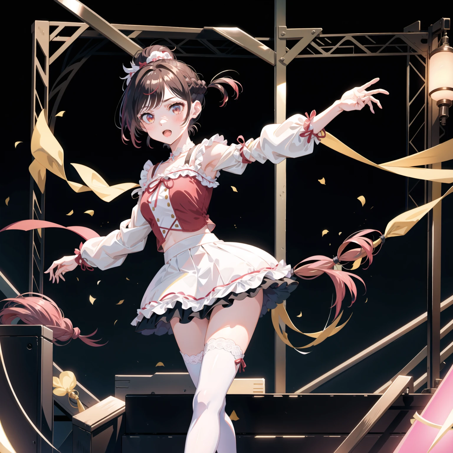 (highest quality, High resolution), Glowing Eyes, Delicate facial features, Vibrant colors, Dreamy atmosphere, Fantasy Theme, Floral Background, Graceful Movement, Detailed clothing, loose fitting dress, Elegant fashion, Magic lighting, Mysterious Aura, Heavenly Beauty, Magic thread, Whimsical elements,Big Breasts、Red attire、Colorful costumes、lingerie、Purple outfit