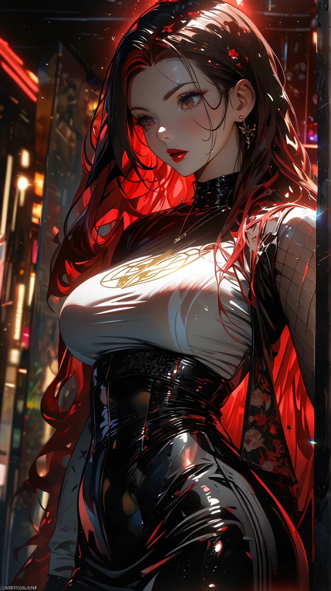 Mulher linda, sexy, gothic, corpo sedutor, aura vermelha. [[Fluorescent red hair on top of head]] Ruiva gostosa! red lips! Deusa! Carnuda! Fat body in the right places! athletic. Seios grandes. Thick and sexual waist! Full red hair from the top of her head down through long strands, smooth and intensifying. club sportswear! Nossa Senhora,Extremely glorious, cabelo preto, cabelo castanho, surrealismo, Alto detalhe, cinematographic lighting, brilhar, luz brilhante, raios de Deus,  Ray tracing , reflexo de luz, misturando, florescer, linhas de movimento, image fill, claro-escuro, art decoration, modern view, anime, Na arte,  Contemporary Art , luminismo, Ultra HD, Ultra HD, retina, obra-prima, preciso, outside, pele texturizada, super detalhado, Alto detalhes, alta qualidade, Premiado, melhor qualidade, High resolution, 1080p, 4k, 8k, 16K