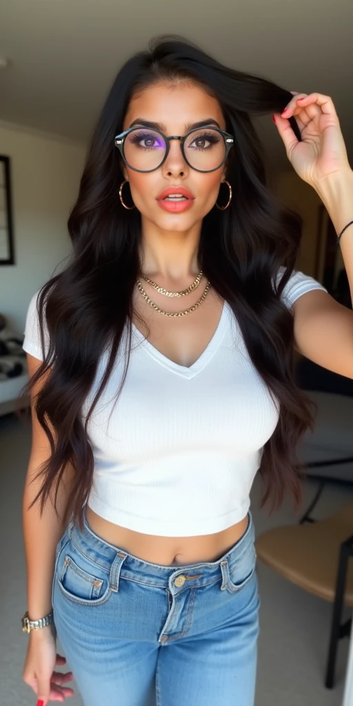 Lilimar Hernandez dressed in a very tight shirt with shorts with chains and smiling