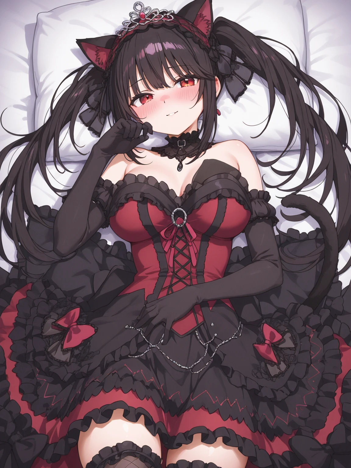 a woman that is laying down on a bed, she is facing the ceiling, she is wearing a miniskirt, Guviz-style artwork, style of anime4 K, Ross Tran 8 K, Digital anime art, Guweiz in Pixiv ArtStation, Guweiz on ArtStation Pixiv, e - girl, E-Girl, anime girl, Fanart Meilleure ArtStation，blacksilk [[view from above]]
