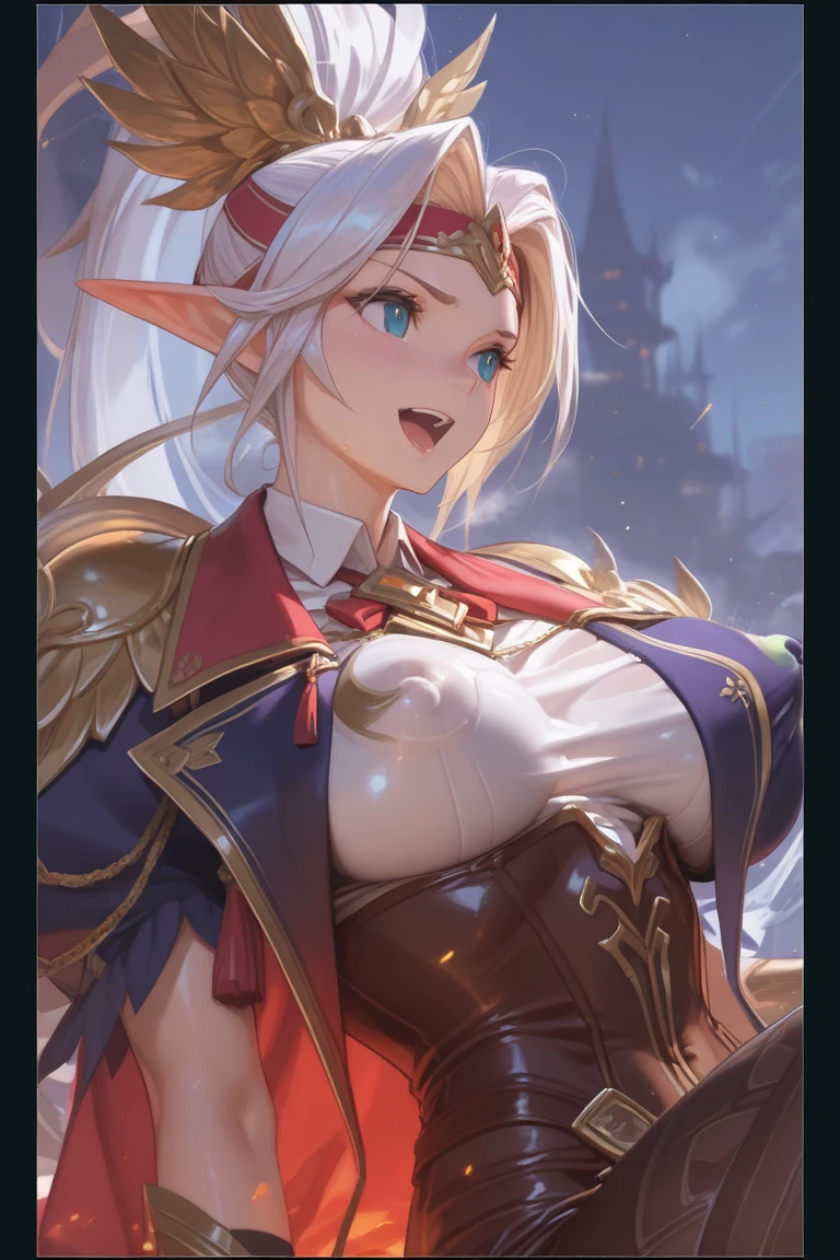 (sexy) 1 horny adult elf archer, with long hair, dressed in medieval clothing, excited state, Mouth slightly open, slight smile, Erotic fighting pose in the middle of a room with medieval interiors and decor., looking at the viewer. photorealistic, luz outfit, General detail: 1.5