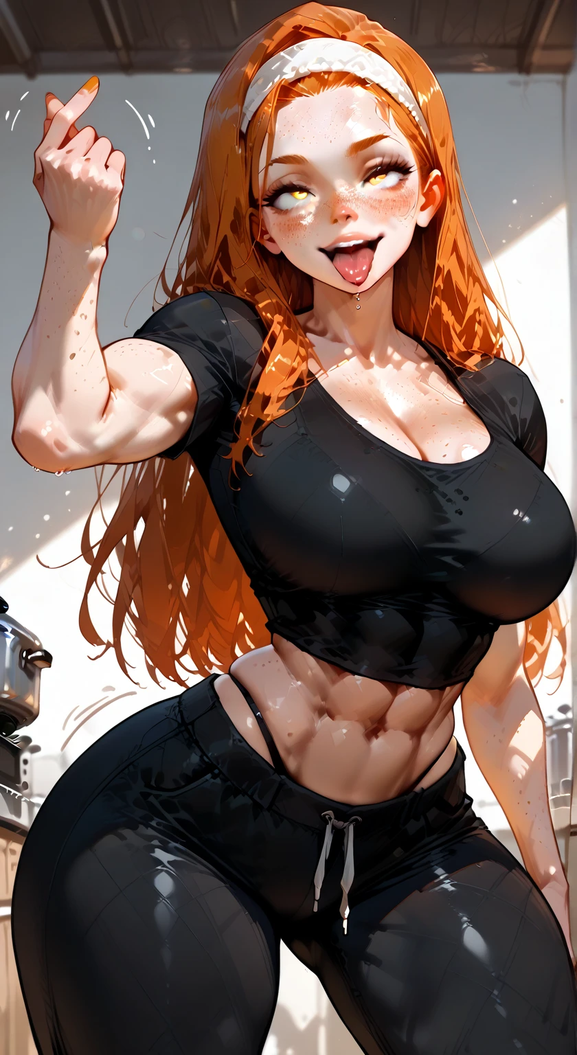 1girl, beautiful, perfect lighting, muscular, thick thighs, mature female, milf, navel, abs, looking at viewer (masterpiece, high quality:1.1) ,cowboy hat,body freckles,barn,pale skin,red hair, braid, ,short shorts,plaid shirt, skindentation, cleavage,grin