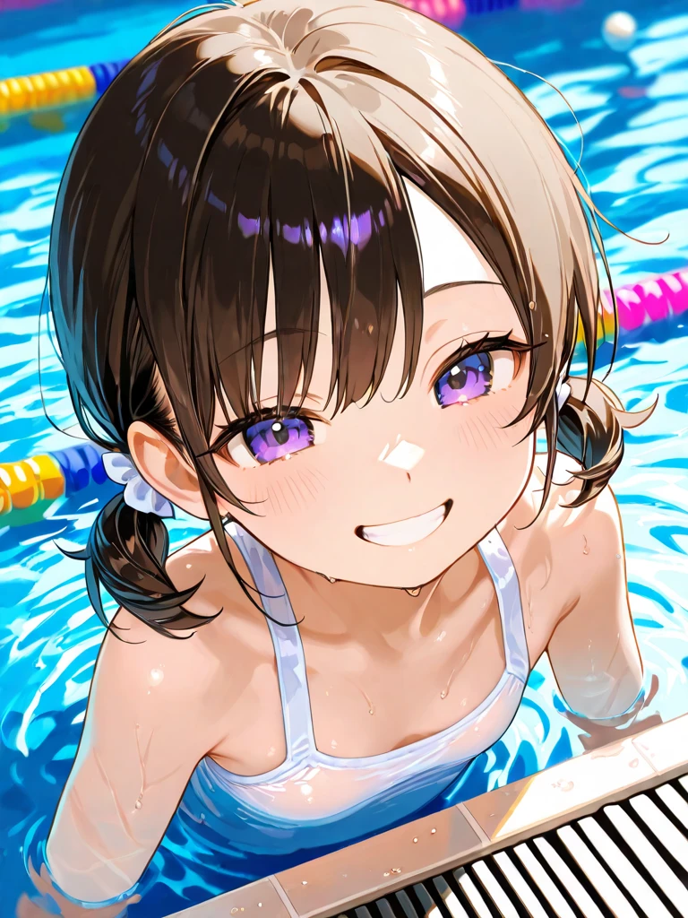 (Highly detailed CG Unity 8k wallpaper), (masterpiece), (highest quality), (Super detailed), (best illustrations), (confused), 1 girl, alone, brown hair, brown eyes, (school swimwear:1.3), looking at the viewer, smile, blush, school pool, Sexy, Face Up