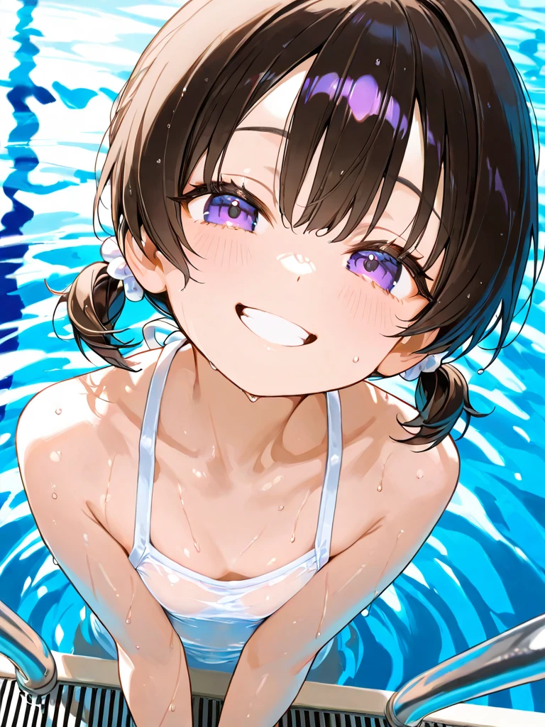 (Incredibly ridiculous absolute resolution:1.5)、hiquality、top-quality、masuter piece、Anime girl in light blue and white bikini, 魅惑的、Anime Loli, 8k Manga Wallpapers, Smile、Shy laughter、((small curvy loli))、pretty anime girl,((swimming pools))、(Medium Shorthair)、(short braided hair)