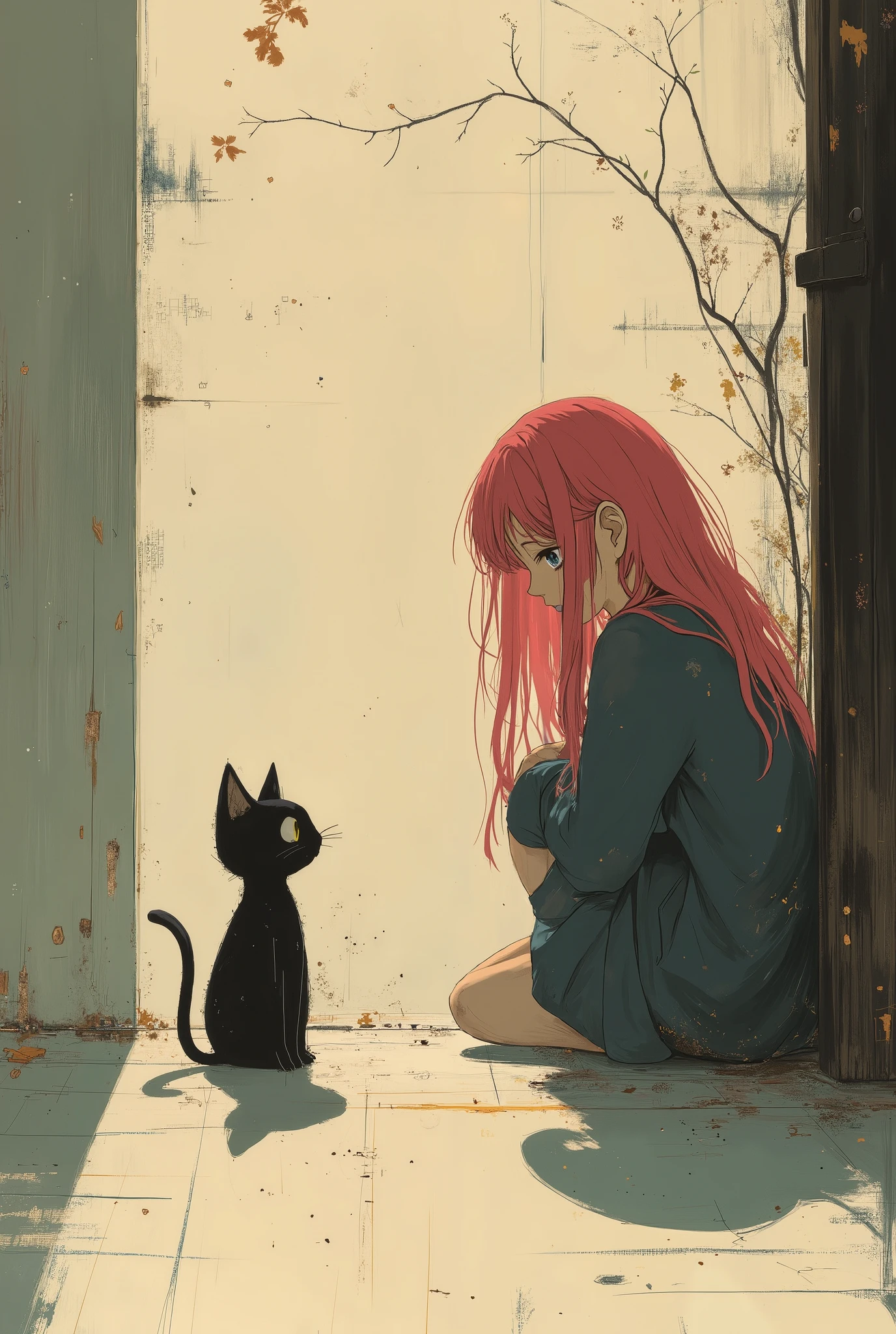 A sad anime girl with long magenta hair sits curled up, facing away with her arms hugging her knees. A small, cute black creature with big round eyes looks at her curiously. Their shadows on the ground form a playful cat shape, adding a touch of whimsy to the otherwise somber mood. Minimalist background, soft lighting.