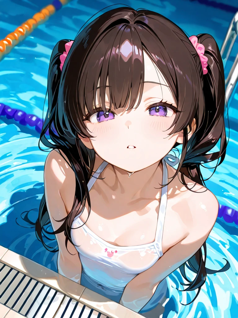 hokko tarumae \(umamusume\), muscular body, masterpiece, best quality, ultra-detailed face, front, abs, upper body, white bikini, horse tail, pool, smile, large tits, arms behind back