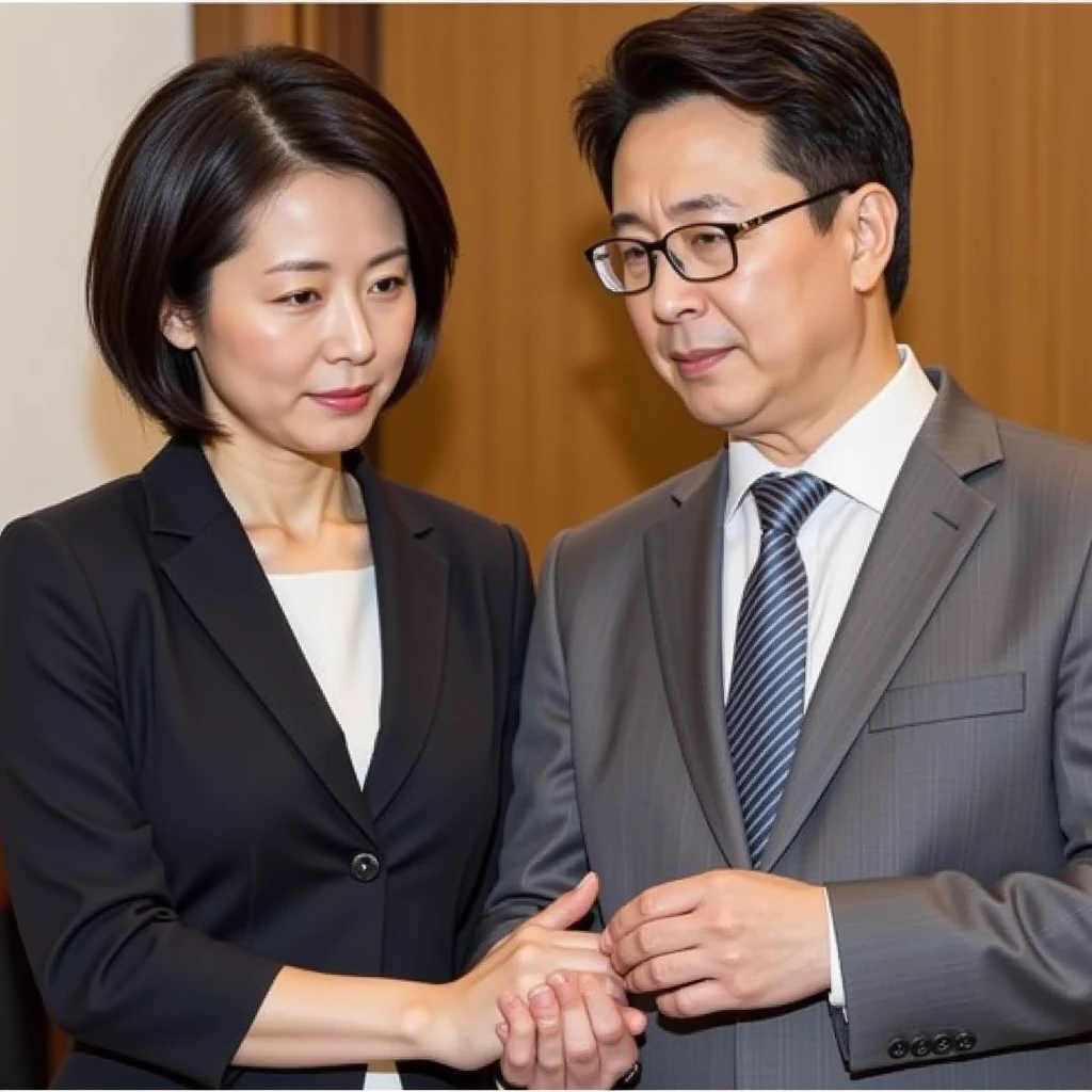 An insurance consultant wearing a suit in a conference room、An elderly Asian couple is sitting and giving an explanation。An old Asian man and woman both look impressed、Bright room。Make it so that everyone&#39;s faces are in the frame.。Asian old man and old woman sit next to each other、The insurance consultants in suits are sitting across the table from each other.。Everyone looks like they&#39;re having fun