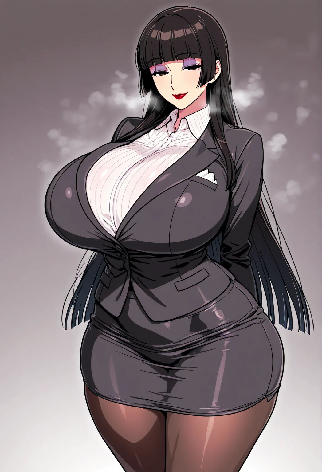 Black-haired, blue-eyed, large-breasted woman
