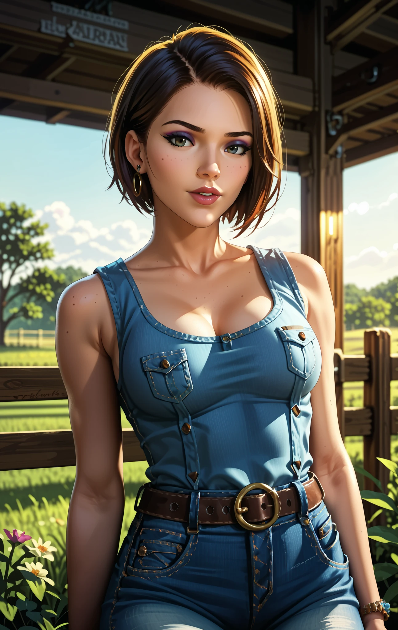 ((((masterpiece, Highest quality, High resolution)))), Extremely detailed 8K, 1 female, Dressed in a worn out cowboy outfit, (Ultra HD, Very detailed, Very detailed, Very realistic, Ultra-realistic, Photo Real), (One person:1.5), (Realistic brown hair), (Dynamic pose), To the camera, View your viewers, (smile), (Hazel Eyes, Sharp eyes), (Firm breasts:1.2), (Beautifully detailed face, Beautiful attention to detail), Sweat, Shine, (Sunbeam, sunlight), western drama, Fascinating, EnvyBetterHands LoCon,