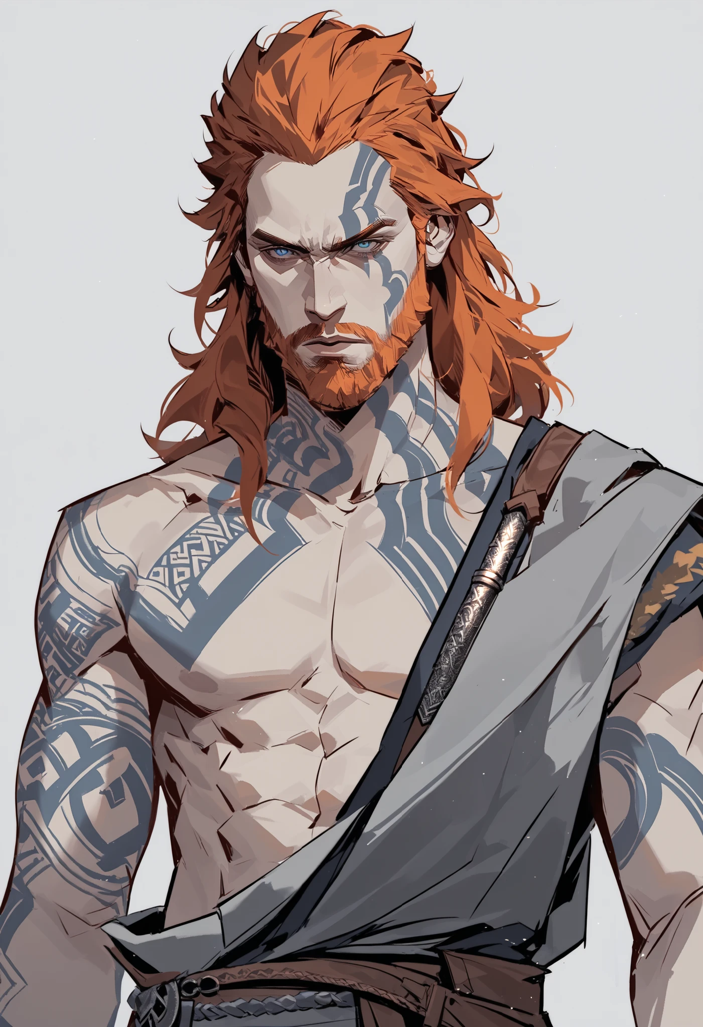 1male, orange hair and beard, Baldur (god of war) , light blue eyes, pale skin, bangs, athletic body, tunic tattoos around each of his forearms, simple background, bare chest, serious, dark circles under eyes