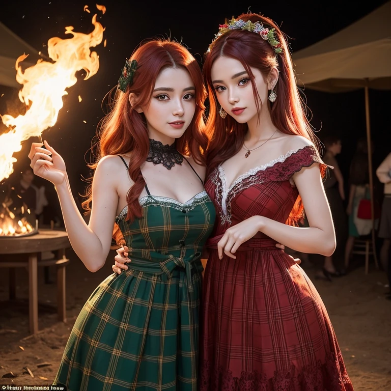 1girl, twin, the 18th, in England 1803, redhead, perfect green eyes, buns with braids, sides, recessed and with crown, ((Best Quality)), ((masterpiece)), (detailed), perfect face, beautiful, skinny, Skinny body, corset and gloves, short gold and white dresses, sexy fitted dress, detailed dresses, pearl, jewelry, in front of a castle house, rustic house, evening, flame fire, perfect garden, flores, walk