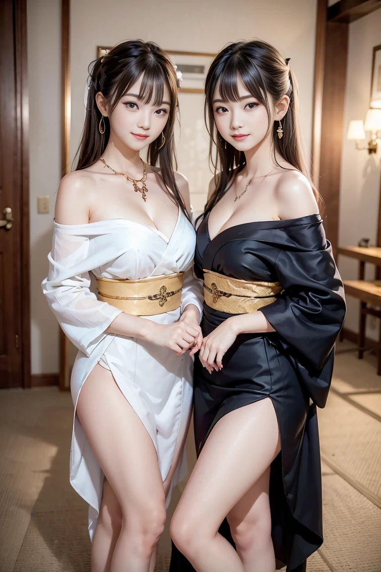 (Emma Watson) and (((Sarah Hyland))), (((wearing short sexy kimonos))), (((standing in a Japanese massage parlor))), shy, worried, hiding, ((face blushing)), (((hands between legs))), (minimal jewelry), choker, ((embarrassed pose))