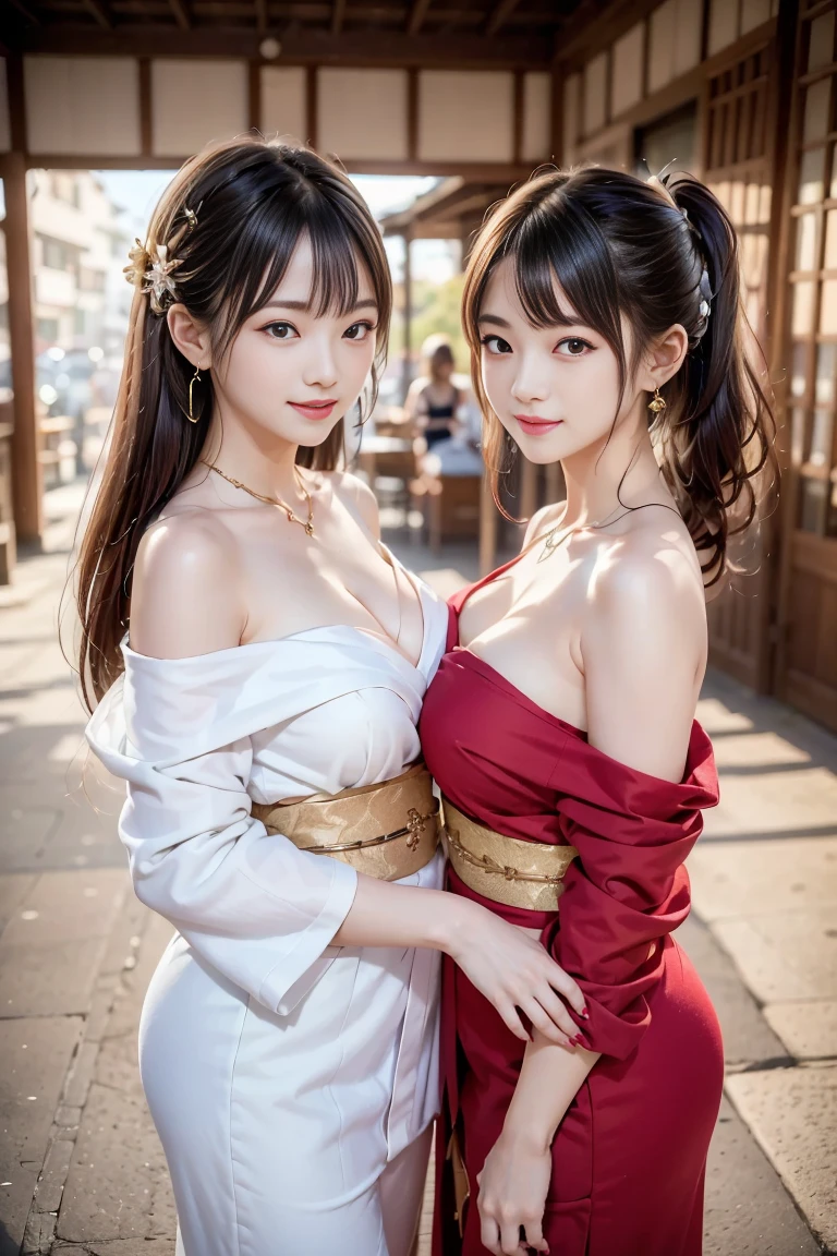 shiranui mai, Brown eyes, Long hair, Brown hair, White ribbon, Sleeveless, pony tails, sash, Pelvic curtain, arm guards, mitts, tabi, Seductive expression, Sexy eyes, Medium breasts, Smile, Cute, view the viewer, Long hair, Close to Japanese temples, (breasts focus:1.2), (Realistic:1.2), (Full shot: 1.2), (Realism), (Masterpiece:1.2), (Best quality), (Ultra detailed), (8K, 4K, Intricate),  (85mm), Light particles, lighting, (Highly detailed:1.2), (Detailed face:1.2), (gradients), sfv, Colorful, (Detailed eyes:1.2), (Detailed Japanese temples: 1.2),(Detailed background), (Dynamic Angle:1.2), (Dynamic pose:1.2), (Line of action:1.2), Wide shot, Daylight, Solo.