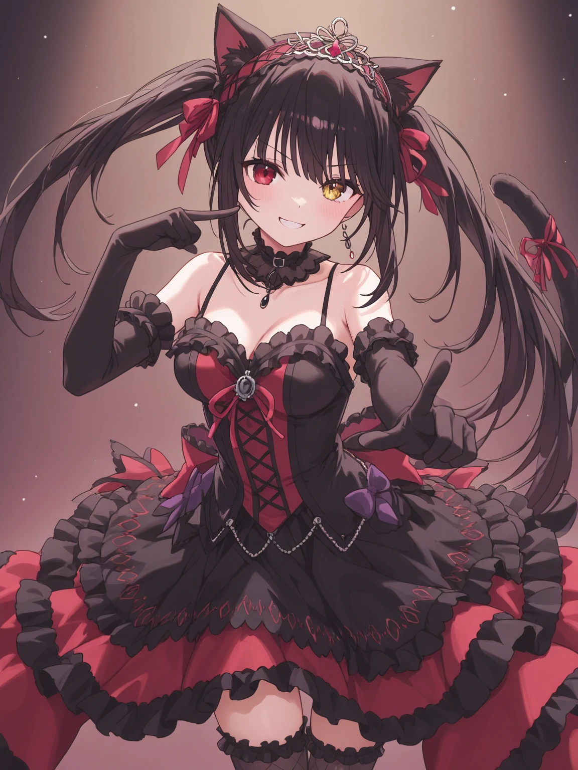 1 girl, black hair, black clothes for legs, chest, decollete, watch_glaze, dress, double protection, garter belt, garter straps, hair ribbon, heterochromia, retention, retention of the gana, ta fashion, lolianda_ for hair, long hair, looking at the lens, medium brow, red eye, smile, solo, navels in the form of characters, hips, tokisaki kurumi, two ponytails, yellow eyes