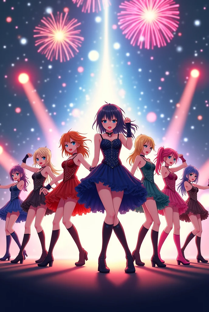 (best quality:1.2,highres,ultra-detailed,realistic), portraits:2girls, All Hololive vtuber members, live concert together, vibrant colors, stage lighting, enthusiastic fans, lively atmosphere, dynamic poses, synchronized dance moves, energetic music, breathtaking visuals, joyful expressions, high-energy performance, bright backgrounds, professional sound system, mesmerizing stage effects, stunning costumes, stunning visual effects, immersive experience, crowd cheering, creative stage design, laser lights, smoke machines, special effects, big screens, fireworks, overwhelming applause, magical atmosphere.