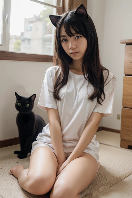 Create me one sitting on the floor and behind her there are spirits of various anime-style animals