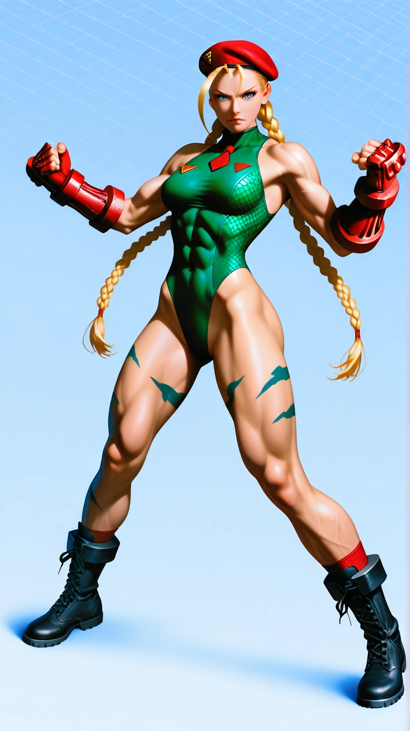 ((plain background)) Cammy White Street Fighter 7th full body 1sologirl barefoot feet together, hands on hips red gloves gauntlets