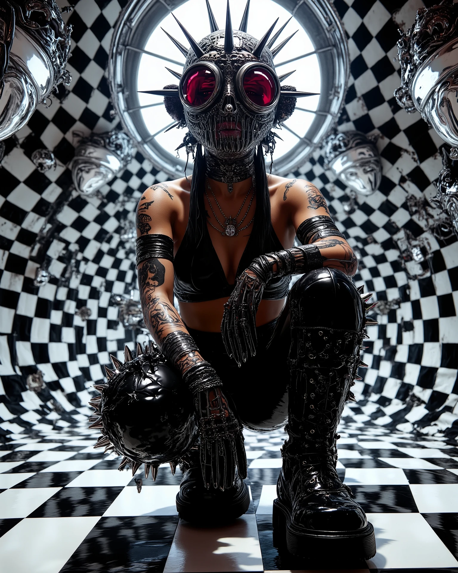 In an environment such as a checkerboard A surreal work that represents a Nordic woman fashion model.  The beautiful punk metal woman wears black leather clothing and spikes with huge platform boots that combine intricate details with abstract and geometric shapes, It integrates seamlessly into the environment. Their heads have、 circular eyes and openings scattered throughout the scene, with complex, with a surrealistic structure. The person wears black and white striped clothing that combines intricate details with abstract and geometric shapes,   The background has a kaleidoscopic effect with black and white patterns  .  The general environment in their heads is dreamy ,that turns the uterus upside down ."
