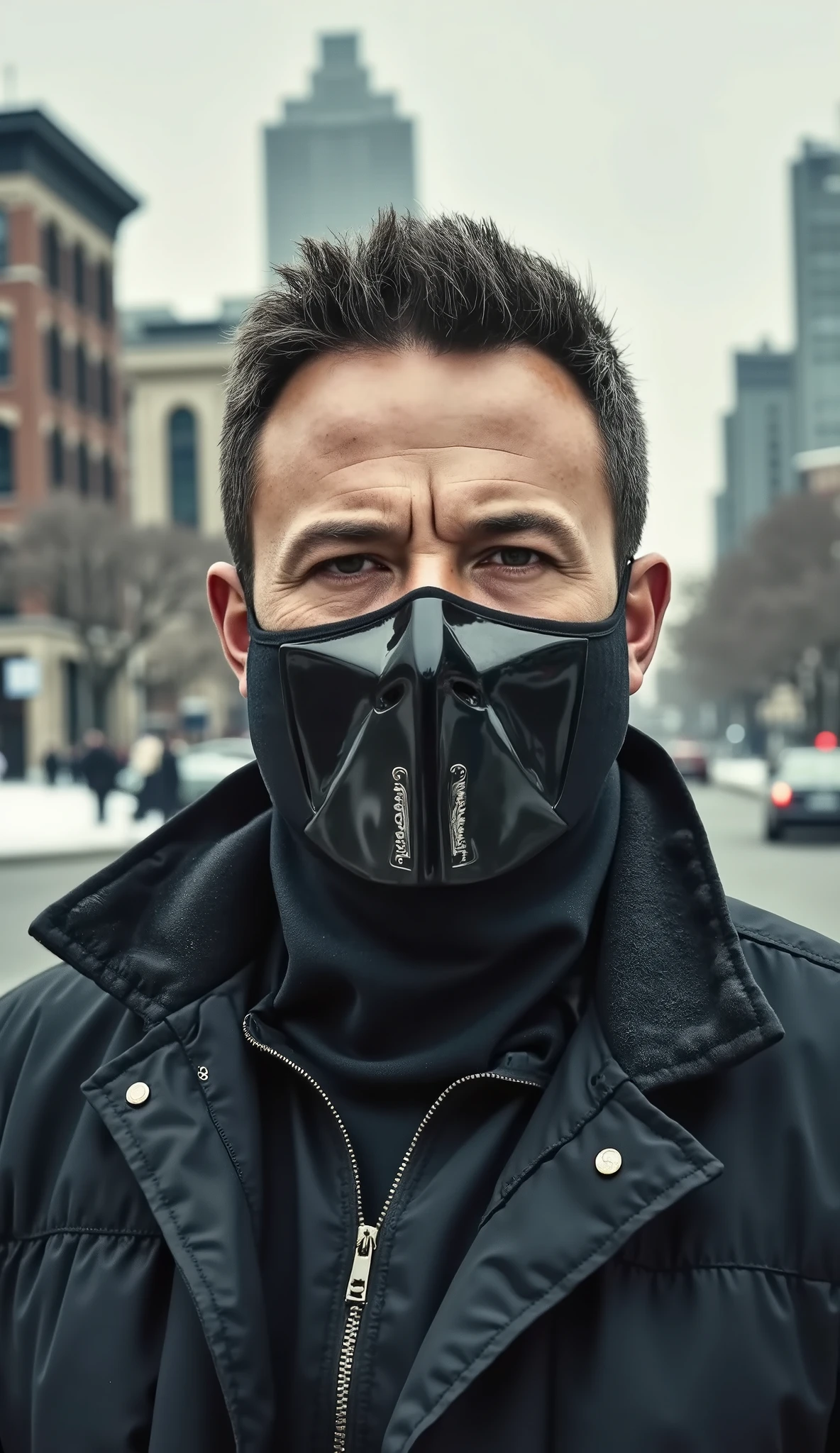 Make Ben Affleck hyperrealistic dressed as Noob Saibot from Mortal Kombat with his black steel mask, the hyper-realistic background of a city with lots of mansions with passing cars and people and frozen trees, upper body in 8k