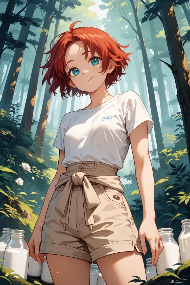 (Masterpiece), Best Quality , ultra-detailed, 1girl (Gwendolyn_Tennyson, breasts, naked body, orange hair, short hair, green eyes), a come-hither face, wicked smile, parted lips, solo, facing viewer, looking at viewer, sundress, forest, in the mountain cabin, night time, dark lighting, standing, come-on, hands up, wind, skirt lift,  love juice flows out of her pussy 