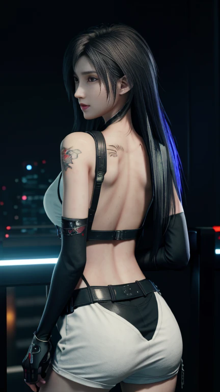 Hyper realistic, Lifelike texture, Dramatic Lighting, (Best Quality:1.1), depth of fields, during night, in a futuristic cyberpunk city, nffsw, Shallow depth of field, Broad light, High contrast, Backlighting, bloom, light glow, chromatic abberation, Sharp Focus, futuristic background, Naked waitress, beauty512, Inchu,Tifa Lockhart、NSFW,