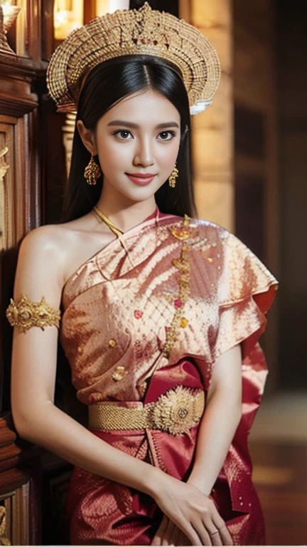 Thaifacemixx,full body image,  Virtual image、Realistic picture,complete anatomy), 1 Thai Girl、dark brown hair、Bare your chest, showing your beautiful breasts.,Glowing skin、Spectacular Thai costumes,((The details are extremely realistic.))、Bright and soft to the eyes,realistic light illumination、sparkling eyes、Facing the camera ,Masterpiece、Asian beauty、สตูดิโอที่สวยงาม complete anatomy、、beautiful background、Realistic picture8k、Highest quality、Masterpiece、very delicate