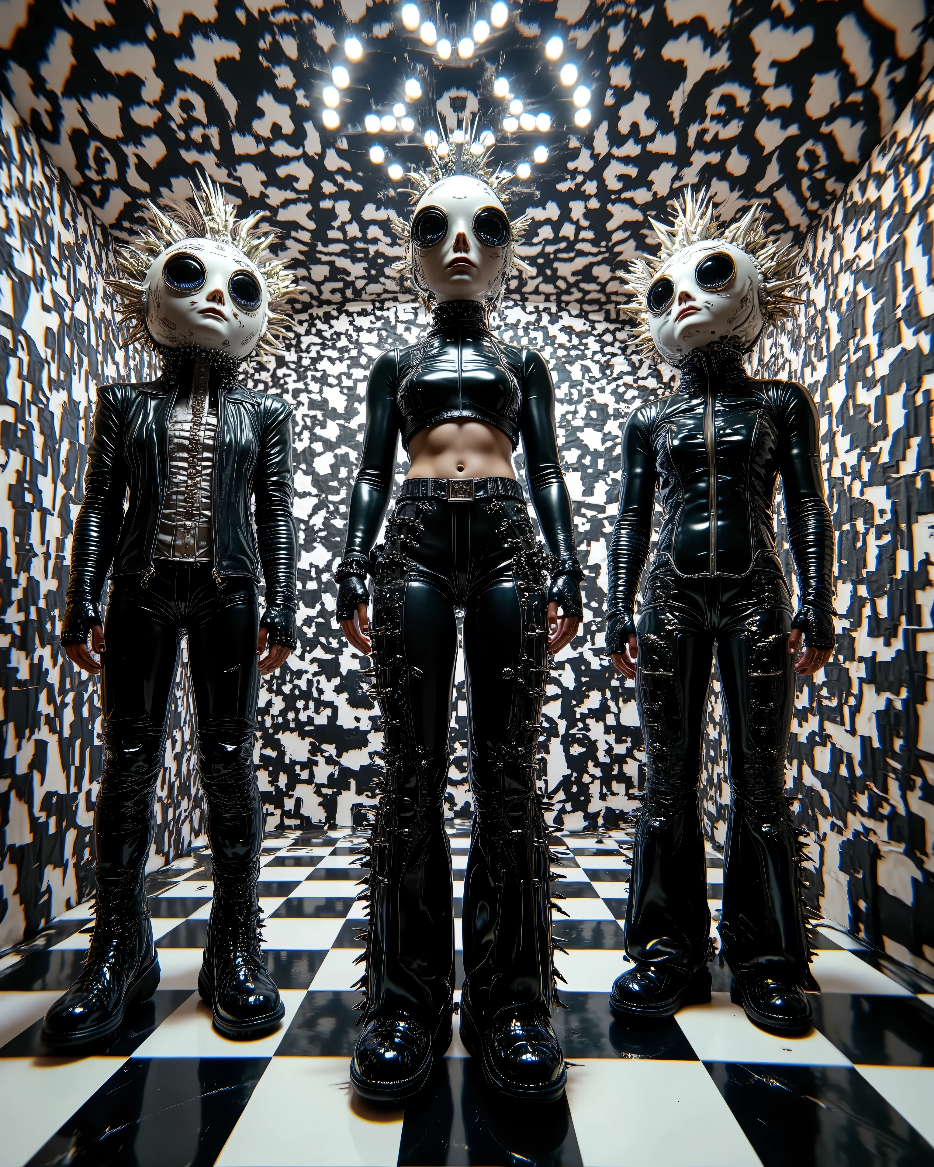 In an environment such as a checkerboard A surreal work that represents a Nordic woman fashion model standing. The beautiful punk metal woman wears black leather clothing and spikes with huge platform boots that combine intricate details with abstract and geometric shapes, It integrates seamlessly into the environment. Their heads have、 circular eyes and openings scattered throughout the scene, with complex, with a surrealistic structure. The person wears black and white striped clothing that combines intricate details with abstract and geometric shapes, The background has a kaleidoscopic effect with black and white patterns . The general environment in their heads is dreamy ,that turns the uterus upside down ."