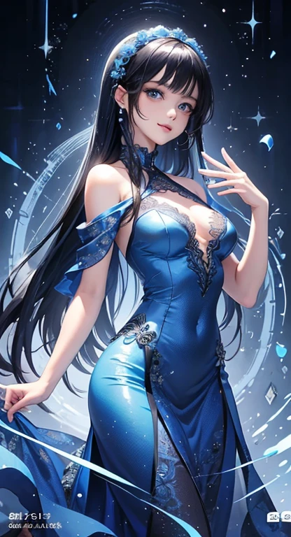 Masterpiece, best, 1 female, blue cheongsam, blue clothes, full body photo, ancient Chinese style, white cloth bun bun, black hair, shoulders, slender legs, smile, white suspenders, lace, white underwear, pale pink lips, embroidered dress