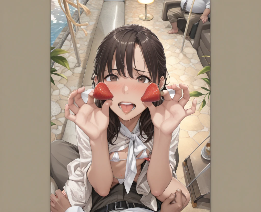 nsfw,(super fine illustration,8K CG wallpaper,best quality,extremely detailed,ultra high res,best aesthetic),(cowboy shot,from front), 1 girl, idol master,(iori minase),,(brown hair), (medium long hair),(forehead:1.1),((pink eyes)),shiny hair, shining eyes, delicate line tail face, sitting, spread your legs, leaning forward, open your mouth, (glin),(smile:1.5),(one eye closed:1.5),((small height:1.1)),((petite:1.1)), ((flat chest,very small breast)),(ahegao:1.5),((stick out tongue:1.3)),(sit on beach mat), Completely naked:1.5), (very small breasts), (,(squid belly),glowing skin:1.3), (Sweat:1.4), (pubic brown hair:1.4), (open vagina:1.3), (bukkake:1.7),(cum on Face:1.5),(cum on hair:1.5),(cum on armpit:1.3), (siting), (squatting),(vaginal penis:1.2), testicle, (a man:1.2), hetero, (lady sit astride on man:1.3), (sex,lady on top,ass pov), (intense sex:1.6),(look at camera),(background,Midsummer, deserted island, beach, outdoor), sweets shop,perfect lighting:1.5),(look at camera),(((multiple boys:1.9, peeing on a girl,multiple penises:1.9, gangbang))),(happy:1.5,love:1.3),(dynamic pose),(spoken heart:1.5),(peace sign:1.5),(ahegao:1.3),(green:1.5),(Commemorative photo:1.5),